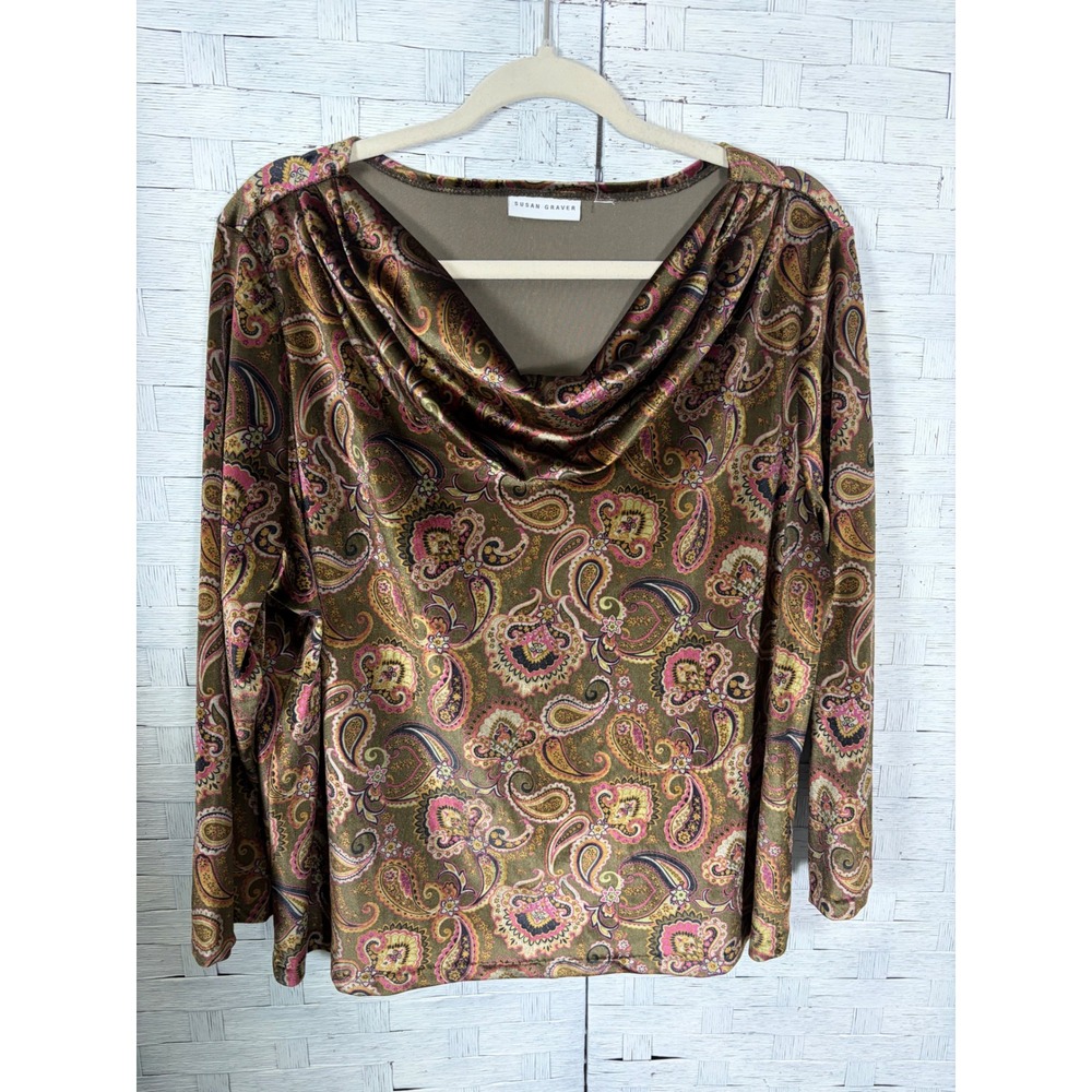 Susan Graver Womens Top Liquid Knit Paisley Cowl Neck Olive Green Plus Size‎